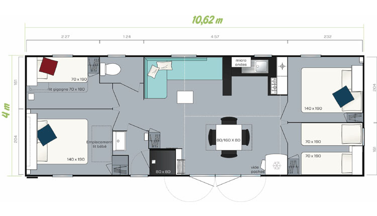 Plattegrond van stacaravan met 4 slaapkamers